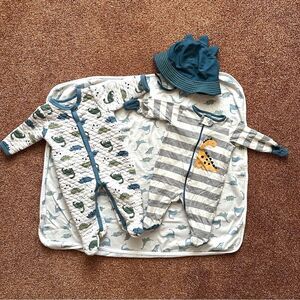 Baby Boy Blue Dinosaur Footie Blanket & Hat Bundle